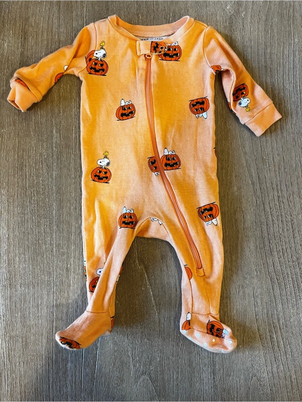 Janie and Jack Halloween Orange Pumpkin & Snoopy Print Footed One-Piece